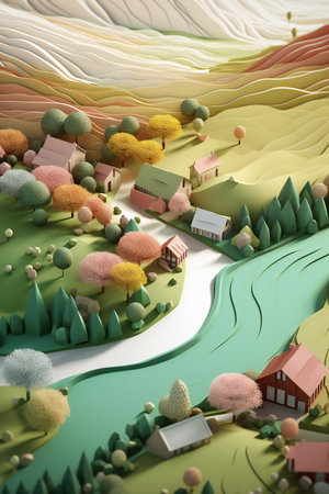 3d illustration of an abstract landscape with houses, trees and mountainsの素材