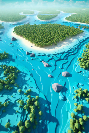 Tropical island with trees and blue water. 3d renderの素材