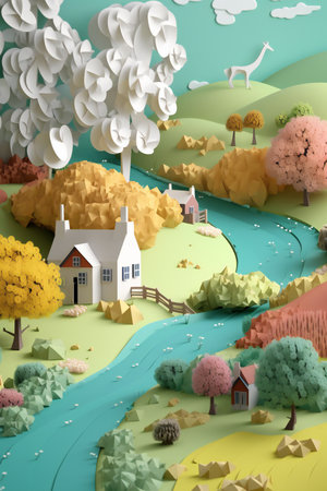 3d illustration of a landscape with houses, trees and wind turbinesの素材