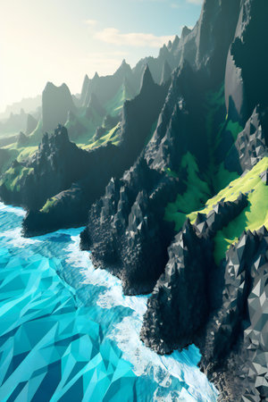 3D render of a fantasy landscape with mountains and a blue oceanの素材