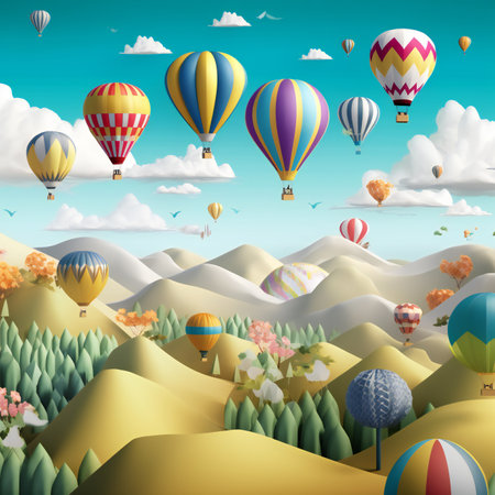 Hot air balloons flying in the blue sky. 3d illustration.の素材