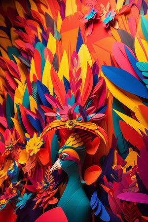 Colorful abstract background with a beautiful woman in a hat and feathersの素材