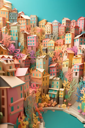 Paper town with snowflakes. Christmas and New Year concept.の素材