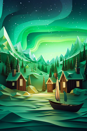 Winter landscape with house, boat and mountains. Vector illustration. Eps 10の素材