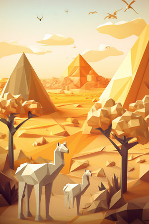 Egyptian pyramids and desert landscape. Vector illustration in cartoon styleの素材