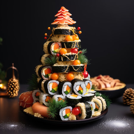christmas tree decorated with sushiの素材