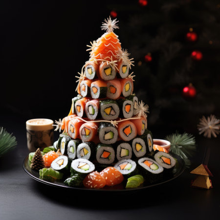 christmas tree decorated with sushiの素材