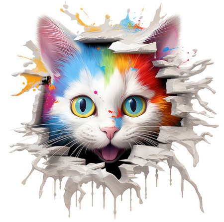 Colorful cat climbing out of a cracked holeの素材