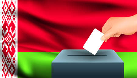 Male hand puts down a white sheet of paper with a mark as a symbol of a ballot paper against the background of the Belarus flag. Belarus the symbol of electionsのイラスト素材