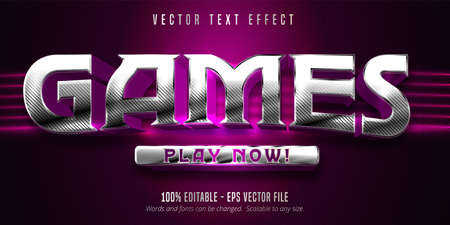 Games text, game style silver editable text effect on purple textured background