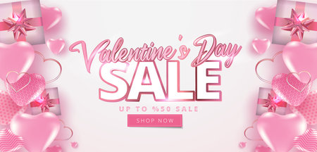 Valentine's day sale poster or banner with many sweet hearts and on soft pink color and heart pattern background. Promotion and shopping template or for love and valentine's day.のイラスト素材