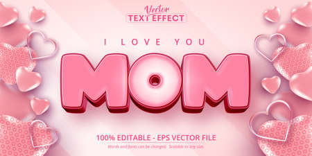 I love you mom text, cartoon style editable text effect on pink color heart balloon backgroundのイラスト素材