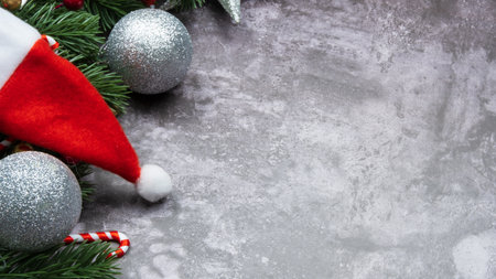 Christmas decorations, pine tree leaves, balls, berries on grunge background, Selective focus christmas conceptの写真素材