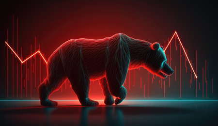 Bear market concept with stock chart digital numbers crisis red price drop arrow down chart. Cryptocurrency market bear finance risk trend investment business and money losing moving economicの素材