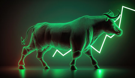 Bull run or bull market trend in cryptocurrency or stocks. Trading stock market green background, up arrow graph for increase in rates.の素材