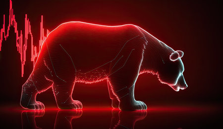 Bear market concept with stock chart digital numbers crisis red price drop arrow down chart. Cryptocurrency market bear finance risk trend investment business and money losing moving economicの素材