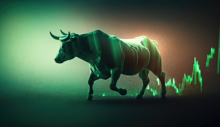 Bull run or bull market trend in cryptocurrency or stocks. Trading stock market green background, up arrow graph for increase in rates.の素材