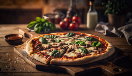 Photo of hot fresh and delicious pizza on wooden table imageの素材