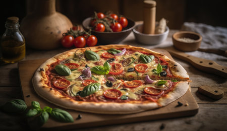 Photo of hot fresh and delicious pizza on wooden table imageの素材