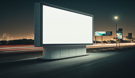 Futuristic city with white blank billboard, night viewの素材