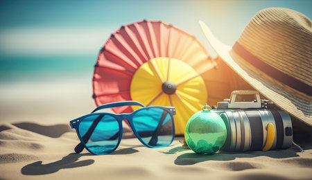 Tropical beach with sunbathing accessories, sunglasses, summer holiday concept backgroundの素材