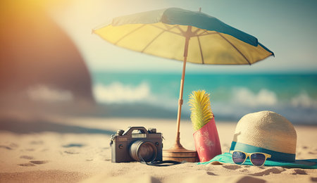 Tropical beach with sunbathing accessories, sunglasses, summer holiday concept backgroundの素材