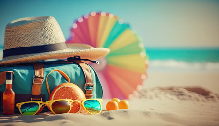 Tropical beach with sunbathing accessories, sunglasses, summer holiday concept backgroundの素材