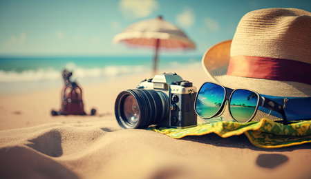 Tropical beach with sunbathing accessories, sunglasses, summer holiday concept backgroundの素材