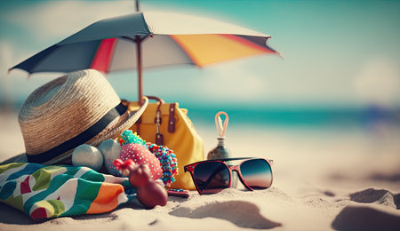 Tropical beach with sunbathing accessories, sunglasses, summer holiday concept backgroundの素材