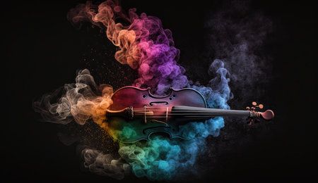 Violin photo made of colorful dust clouds backgroundの素材