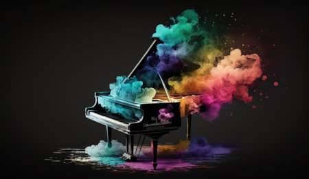 Piano photo made of colorful dust clouds backgroundの素材