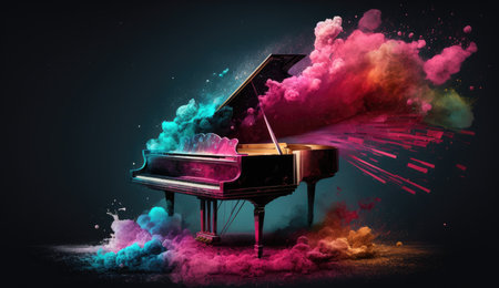 Piano photo made of colorful dust clouds backgroundの素材