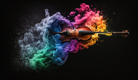 Violin photo made of colorful dust clouds backgroundの素材