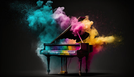 Piano photo made of colorful dust clouds backgroundの素材