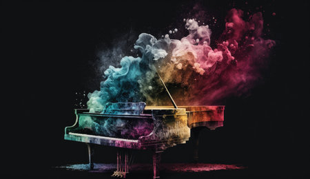 Piano photo made of colorful dust clouds backgroundの素材