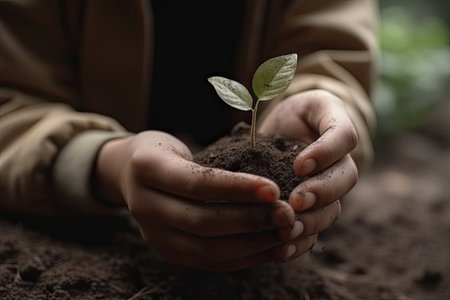 Environment Earth Day. Between his two hands is the soil and the sapling. Environmental nature awareness conceptの素材