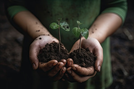 Environment Earth Day. Between his two hands is the soil and the sapling. Environmental nature awareness conceptの素材