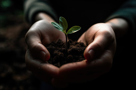 Environment Earth Day. Between his two hands is the soil and the sapling. Environmental nature awareness conceptの素材