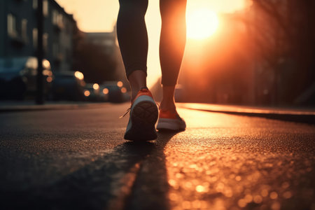 A Girl runner makes a morning run in a city street. Close-up of sneakers. Jogging, running, wellness, fitness, health concept. Defocussed and blurred backgroundの素材