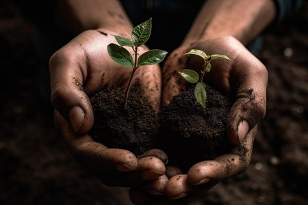 Environment Earth Day. Between his two hands is the soil and the sapling. Environmental nature awareness conceptの素材