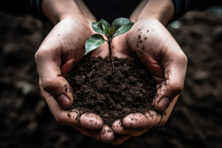 Environment Earth Day. Between his two hands is the soil and the sapling. Environmental nature awareness conceptの素材
