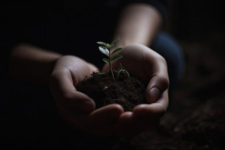Environment Earth Day. Between his two hands is the soil and the sapling. Environmental nature awareness conceptの素材