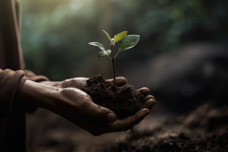 Environment Earth Day. Between his two hands is the soil and the sapling. Environmental nature awareness conceptの素材