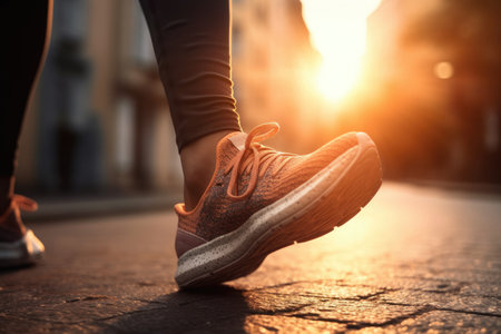 A Girl runner makes a morning run in a city street. Close-up of sneakers. Jogging, running, wellness, fitness, health concept. Defocussed and blurred backgroundの素材