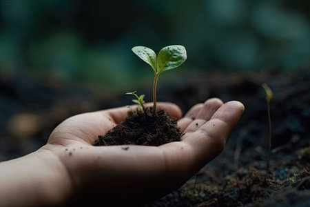 Environment Earth Day. Between his two hands is the soil and the sapling. Environmental nature awareness conceptの素材