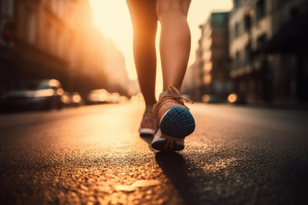 A Girl runner makes a morning run in a city street. Close-up of sneakers. Jogging, running, wellness, fitness, health concept. Defocussed and blurred backgroundの素材