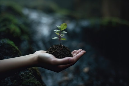 Environment Earth Day. Between his two hands is the soil and the sapling. Environmental nature awareness conceptの素材