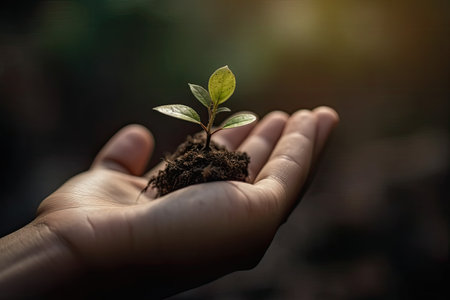 Environment Earth Day. Between his two hands is the soil and the sapling. Environmental nature awareness conceptの素材