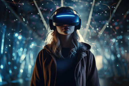 Photo of a woman with a VR headset standing in front of a glowing background with a sparkling futuristic scene.の素材