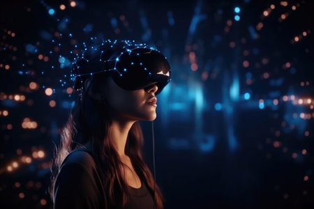 Photo of a woman with a VR headset standing in front of a glowing background with a sparkling futuristic scene.の素材